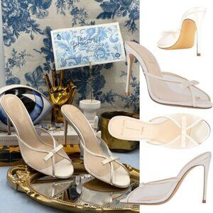 🆕 BLACK SUEDE STUDIO 🧿 NWOB Sammie 100 White Mesh Bow Mule Sandals, Sz 40 US9